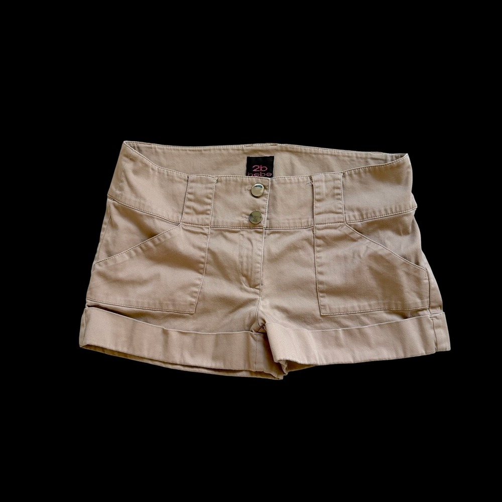 Y2K 2b Bebe Women Khaki Tan Cuffed Low Rise Shorts Sz 6 903JC202-K885‎